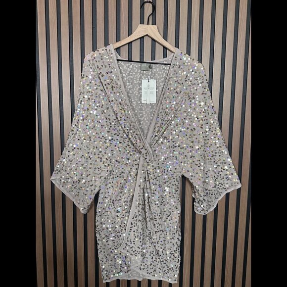 New Asos Dress 8 / M Womens Gray Embellished Kaftan Muave Sequence Side Zip - Picture 1 of 7